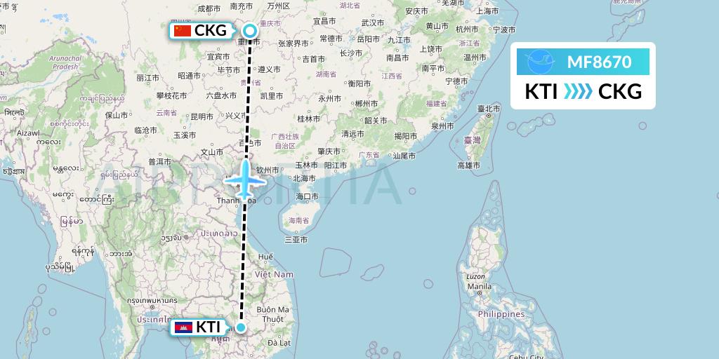 MF8670 Xiamen Airlines Flight Map: Kratie to Chongqing