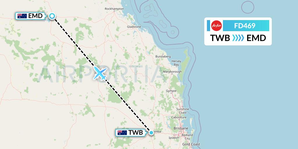 FD469 Thai AirAsia Flight Map: Toowoomba to Emerald