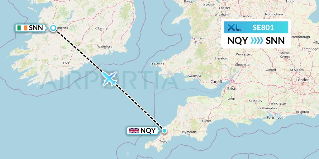 SE801 XL Airways France Flight Map: Newquay to Shannon