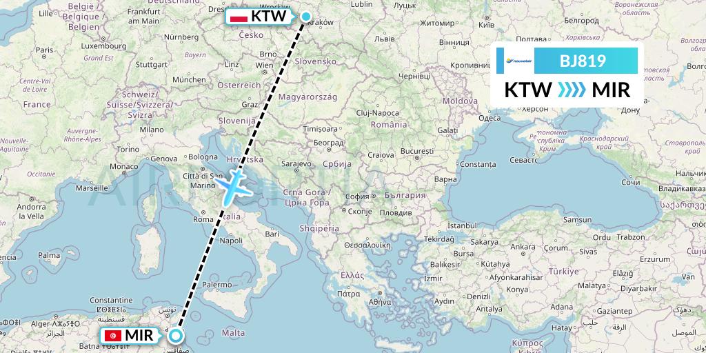 BJ819 Nouvelair Tunisie Flight Map: Katowice to Monastir