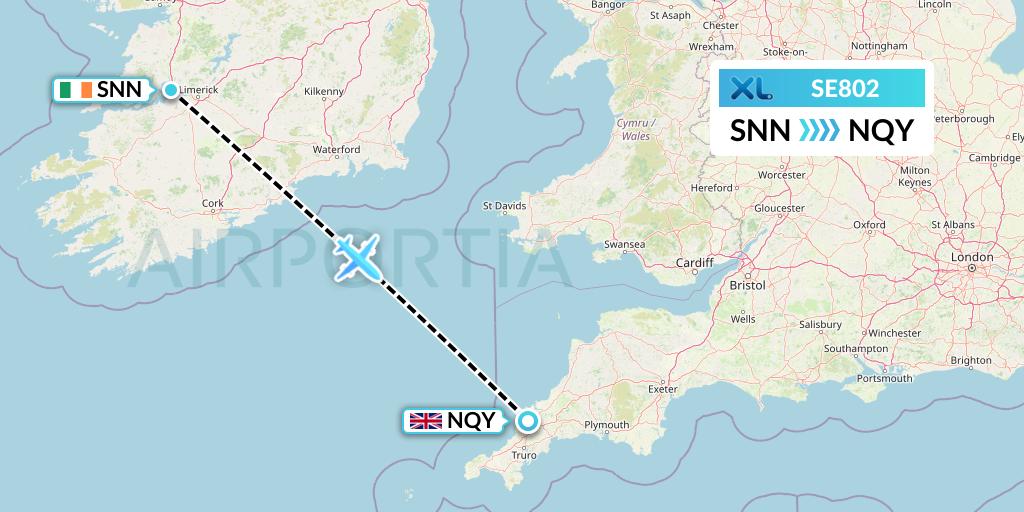 SE802 XL Airways France Flight Map: Shannon to Newquay