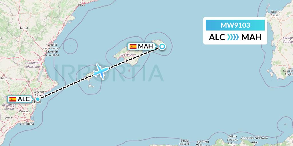MW9103 Mokulele Flight Service Flight Map: Alicante to Mahon