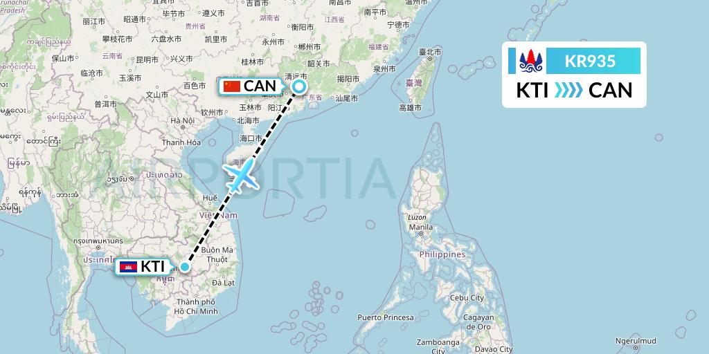 KR935 Cambodia Airways Flight Map: Kratie to Guangzhou