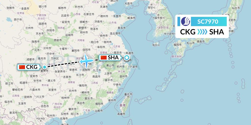 SC7970 Shandong Airlines Flight Map: Chongqing to Shanghai