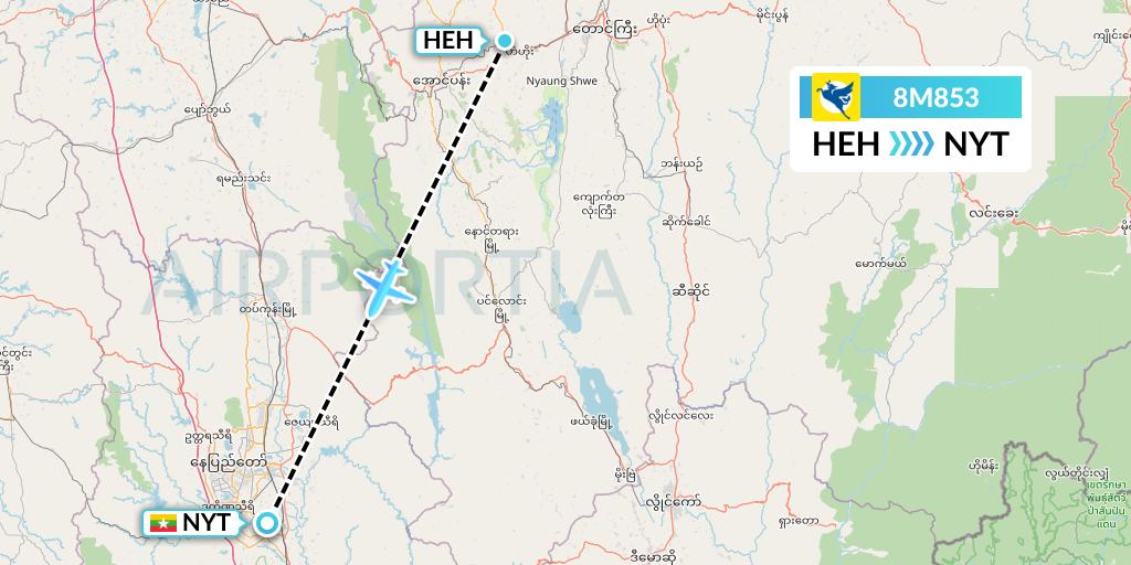 8M853 Myanmar Airways International Flight Map: Heho to Naypyidaw 