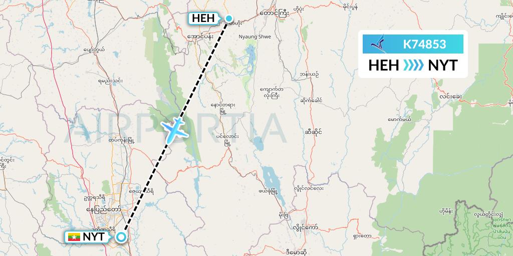 K74853 Air KBZ Flight Map: Heho to Naypyidaw 