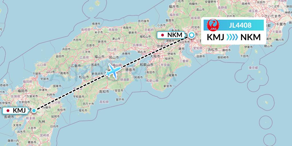 JL4408 Japan Airlines Flight Map: Kumamoto to Nagoya