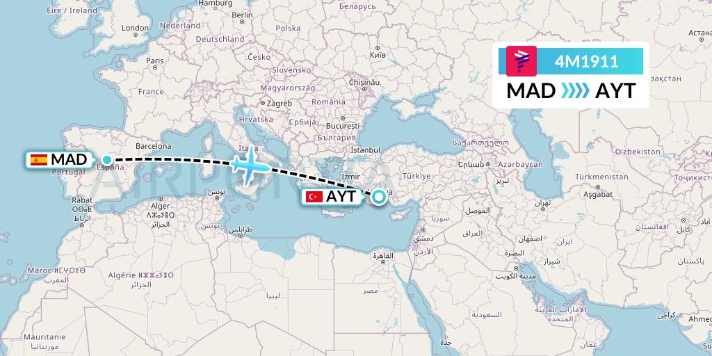 4M1911 LATAM Airlines Argentina Flight Map: Madrid to Antalya