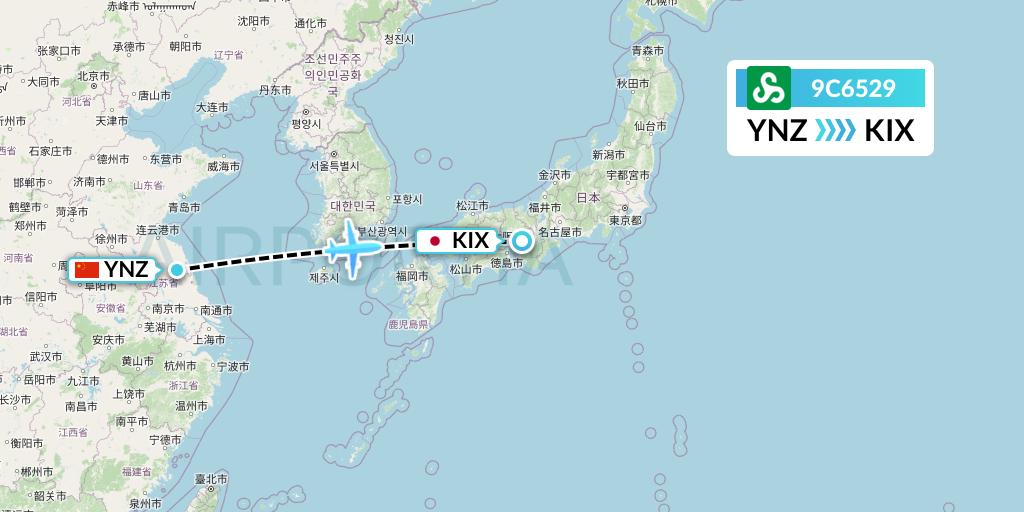 9C6529 Spring Airlines Flight Map: Yancheng to Osaka