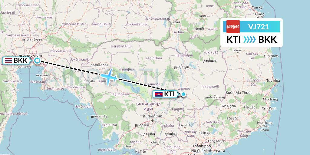 VJ721 VietJet Air Flight Map: Kratie to Bangkok
