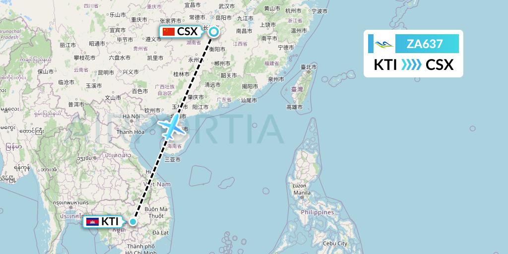 ZA637 Sky Angkor Airlines Flight Map: Kratie to Changsha