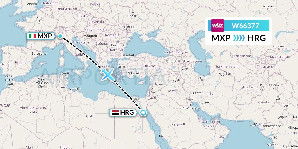W66377 Wizz Air Flight Map: Milan to Hurghada