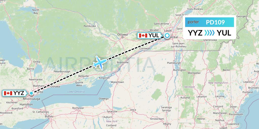 PD109 Porter Airlines Flight Map: Toronto to Montreal