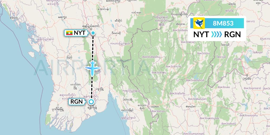 8M853 Myanmar Airways International Flight Map: Naypyidaw to Yangon