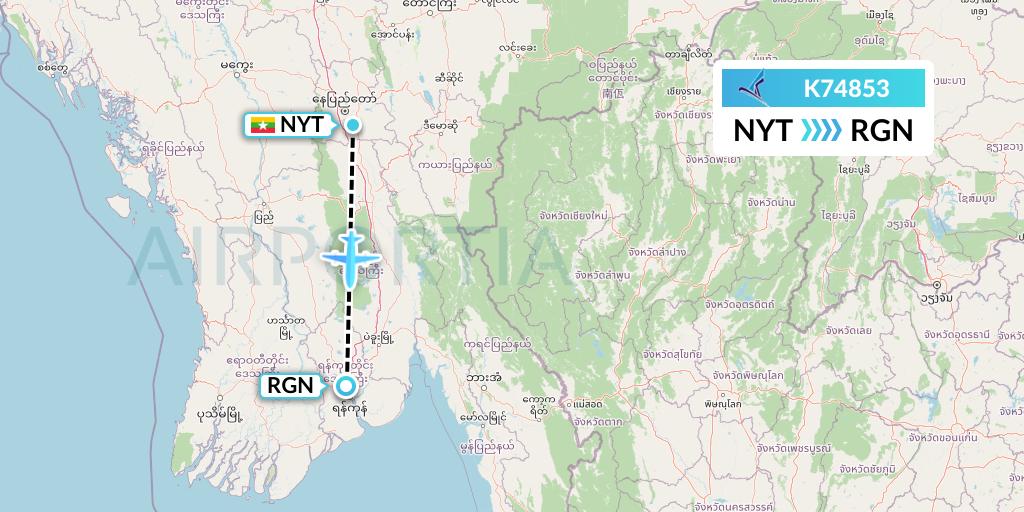 K74853 Air KBZ Flight Map: Naypyidaw to Yangon