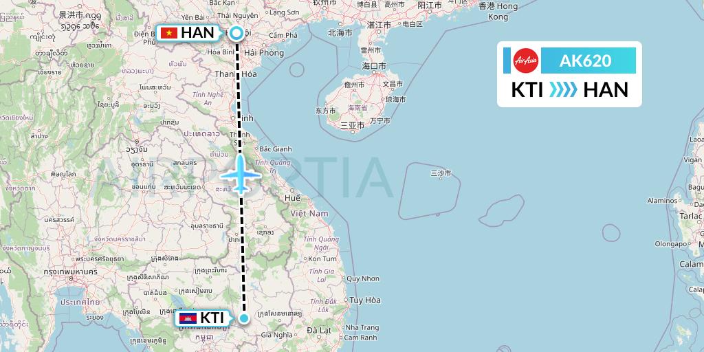 AK620 AirAsia Flight Map: Kratie to Hanoi