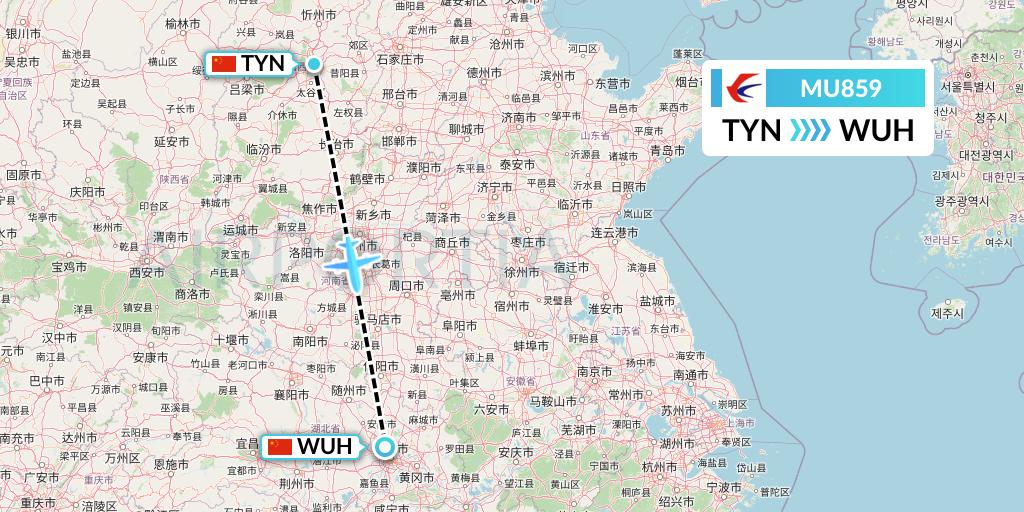 MU859 China Eastern Airlines Flight Map: Taiyuan to Wuhan