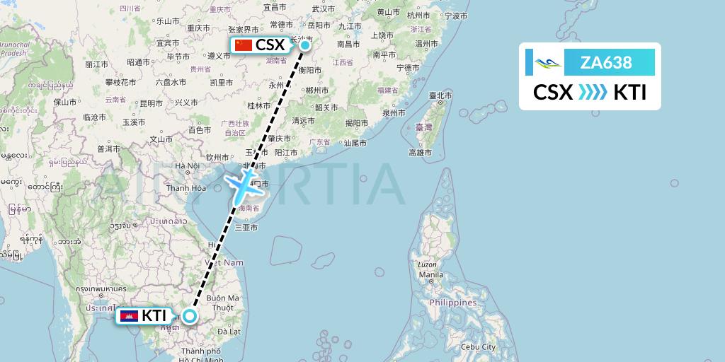 ZA638 Sky Angkor Airlines Flight Map: Changsha to Kratie