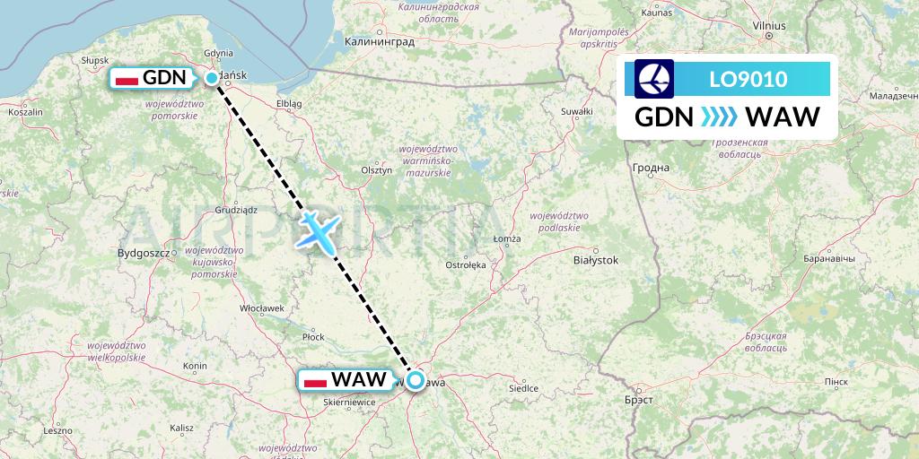 LO9010 LOT Flight Map: Gdansk to Warsaw