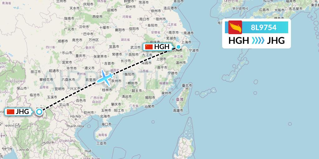 8L9754 Lucky Air Flight Map: Hangzhou to Jinghong