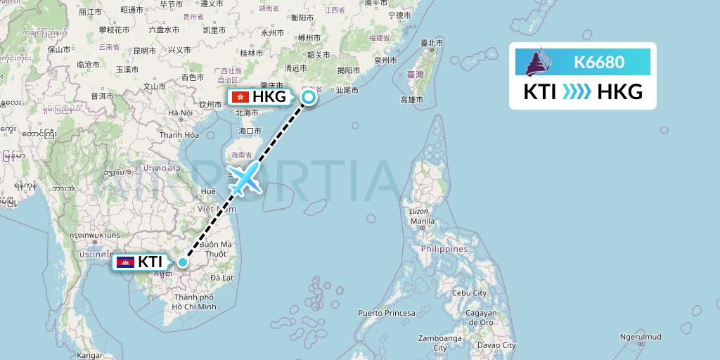 K6680 Cambodia Angkor Air Flight Map: Kratie to Hong Kong