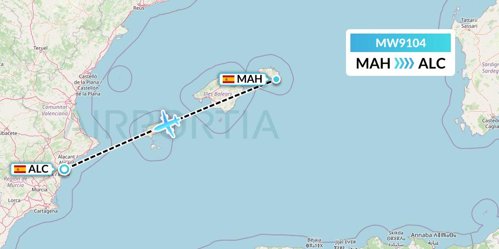 MW9104 Mokulele Flight Service Flight Map: Mahon to Alicante