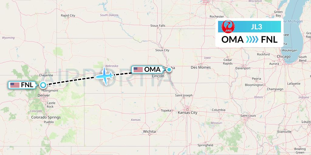 JL3 Japan Airlines Flight Map: Omaha to Fort Collins