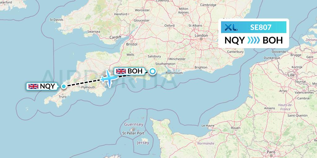 SE807 XL Airways France Flight Map: Newquay to Bournemouth