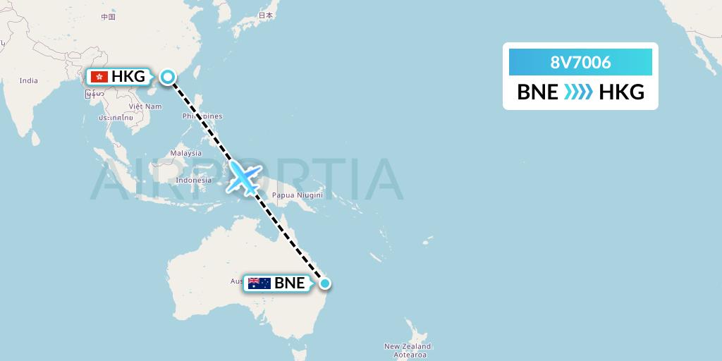 8V7006 Wright Air Service Flight Map: Brisbane to Hong Kong