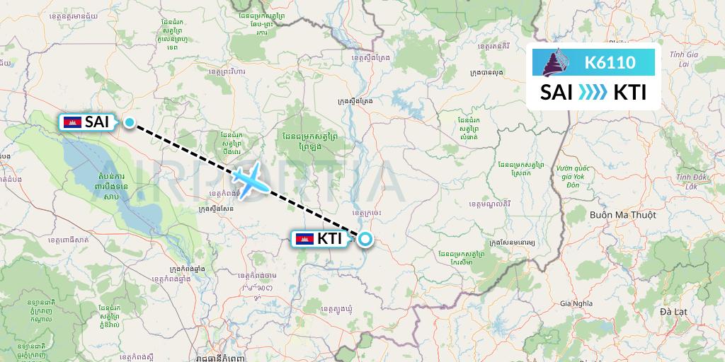 K6110 Cambodia Angkor Air Flight Map: Siem Reap to Kratie
