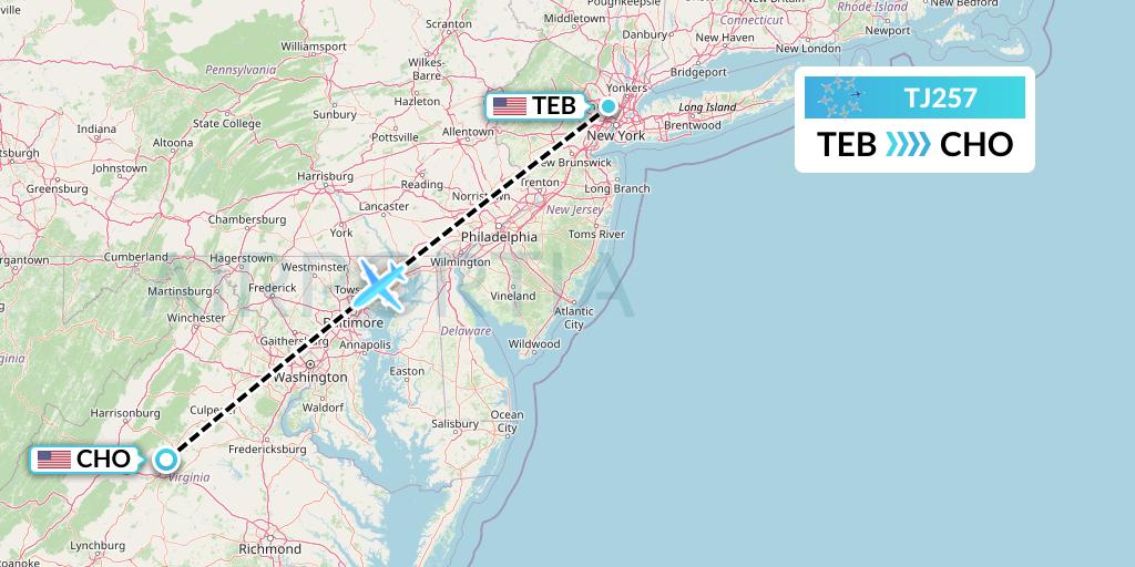 TJ257 Tradewind Aviation Flight Map: Teterboro to Charlottesville