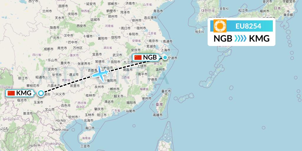 EU8254 Chengdu Airlines Flight Map: Ningbo to Kunming