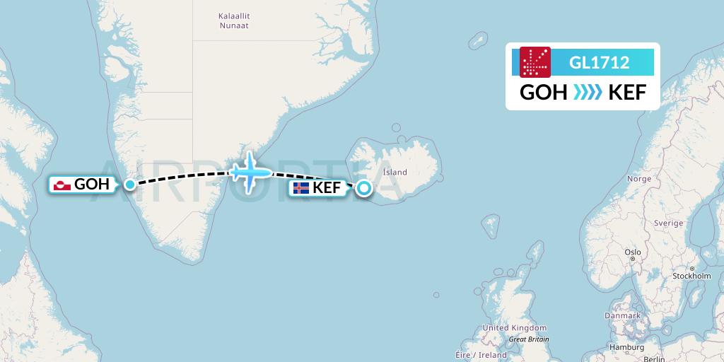 GL1712 Air Greenland Flight Map: Nuuk to Reykjavik
