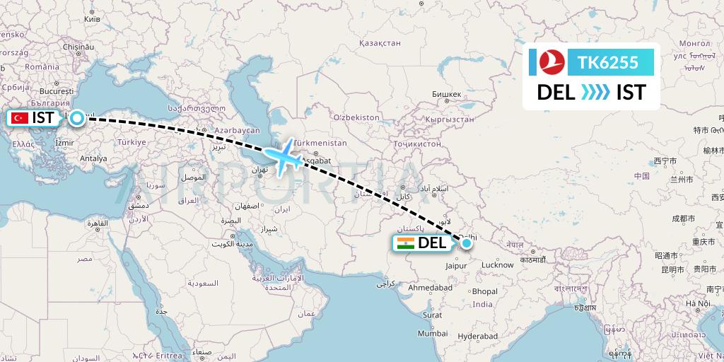 TK6255 Turkish Airlines Flight Map: Delhi to Istanbul