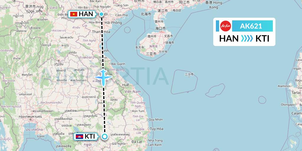 AK621 AirAsia Flight Map: Hanoi to Kratie