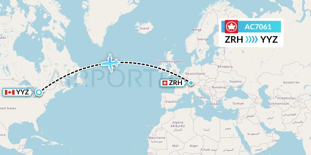 AC7061 Air Canada Flight Map: Zurich to Toronto
