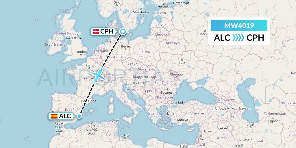 MW4019 Mokulele Flight Service Flight Map: Alicante to Copenhagen