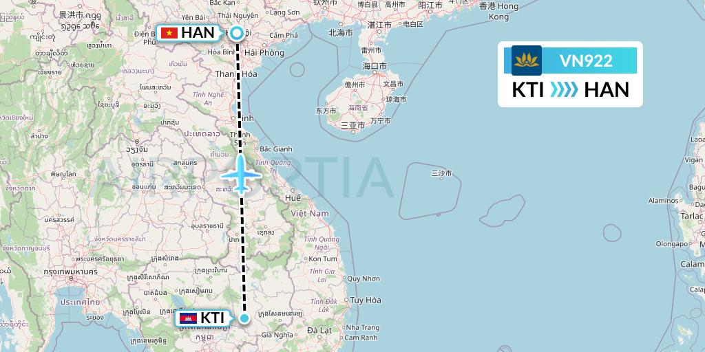 VN922 Vietnam Airlines Flight Map: Kratie to Hanoi