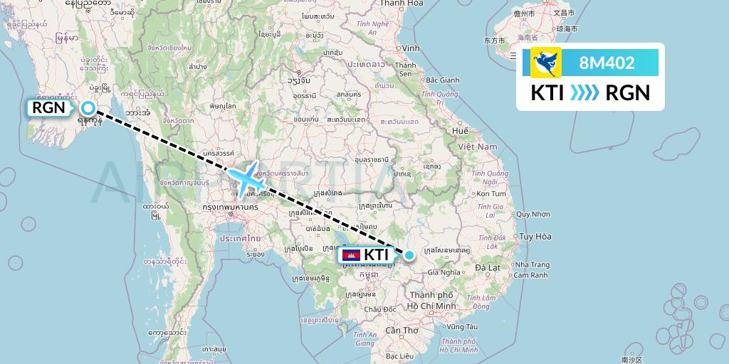 8M402 Myanmar Airways International Flight Map: Kratie to Yangon