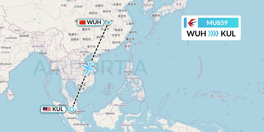 MU859 China Eastern Airlines Flight Map: Wuhan to Kuala Lumpur