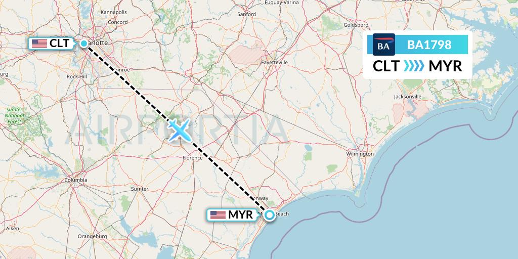 BA1798 British Airways Flight Map: Charlotte to Myrtle Beach