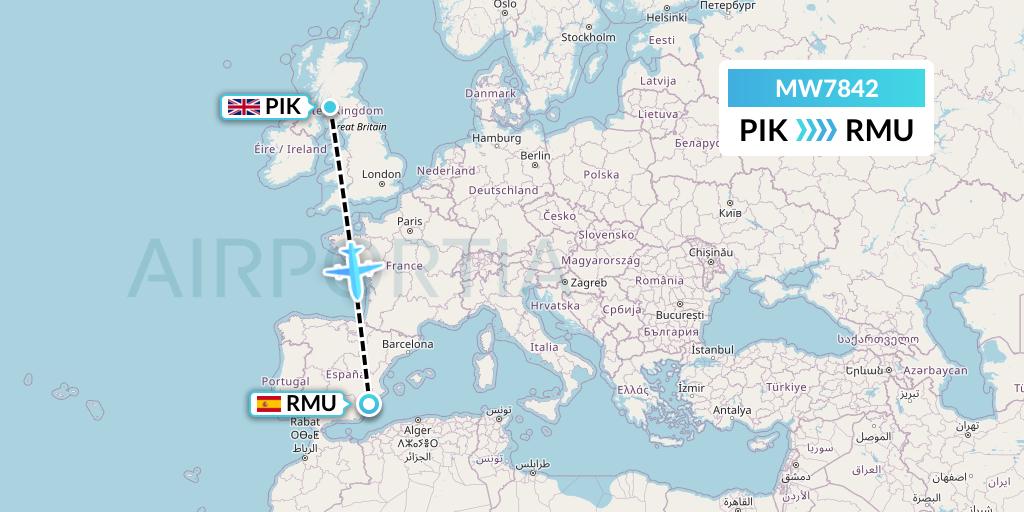 MW7842 Mokulele Flight Service Flight Map: Prestwick to Murcia