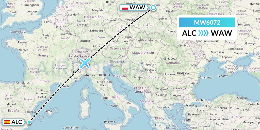 MW6072 Mokulele Flight Service Flight Map: Alicante to Warsaw