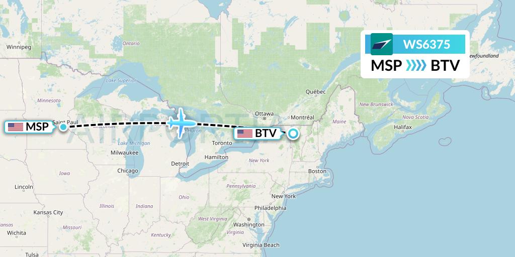WS6375 WestJet Flight Map: Minneapolis to Burlington