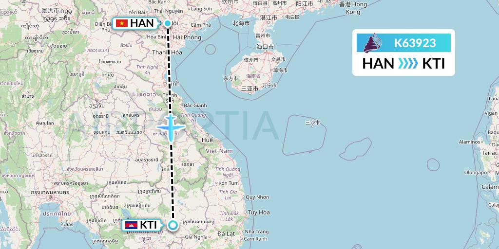 K63923 Cambodia Angkor Air Flight Map: Hanoi to Kratie