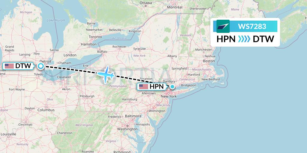 WS7283 WestJet Flight Map: White Plains to Detroit