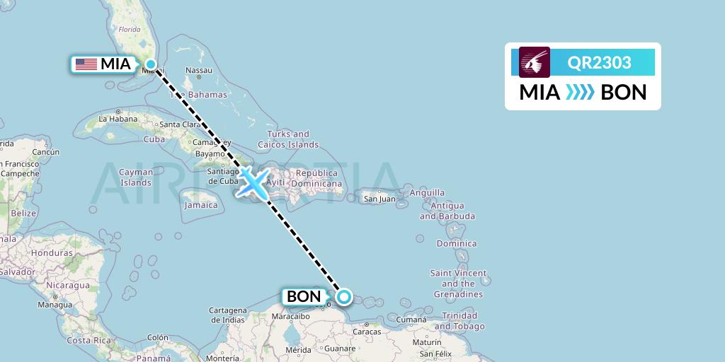 QR2303 Qatar Airways Flight Map: Miami to Bonaire