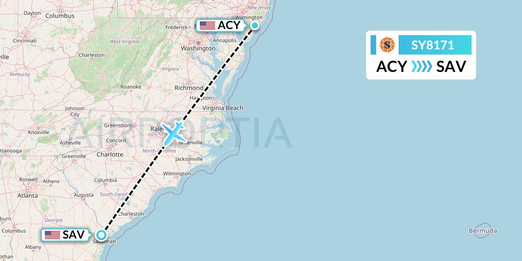 SY8171 Sun Country Airlines Flight Map: Atlantic City to Savannah