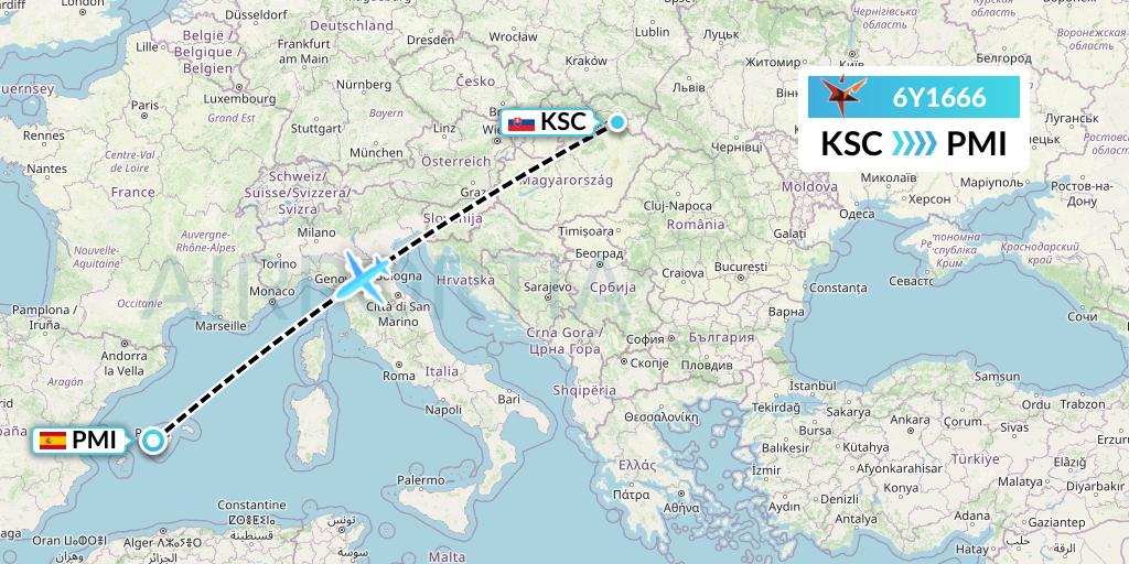 6Y1666 SmartLynx Flight Map: Kosice to Palma de Mallorca