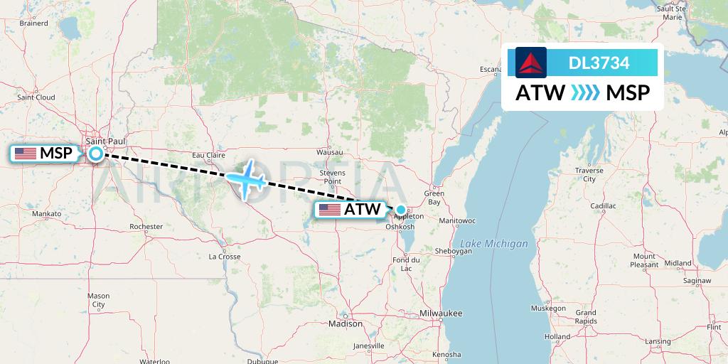 DL3734 Delta Air Lines Flight Map: Appleton to Minneapolis